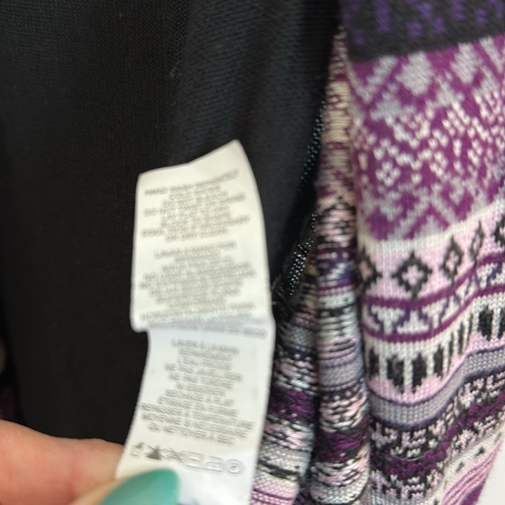 Kensie Fair Isle Shawl Collar Open Front Cardigan Sweater; black/purple, Medium - Picture 4 of 5